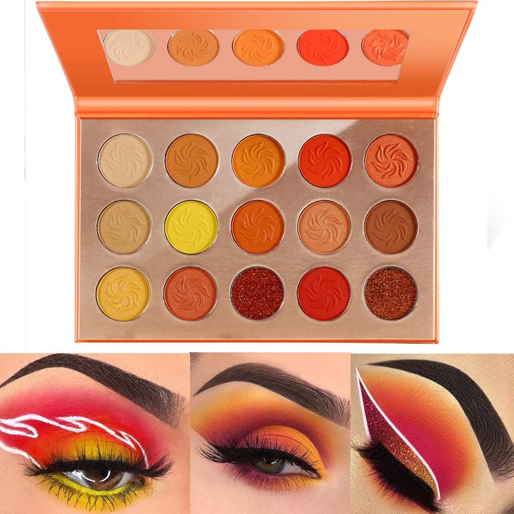 DE'LANCI Orange Eyeshadow Palette Fall Makeup Matte Shimmer Pressed Glitter Eye shadow 15 Warm Color Shadows Sunset Makeup Palette Nature Tone Eye-catching Chili Pallete