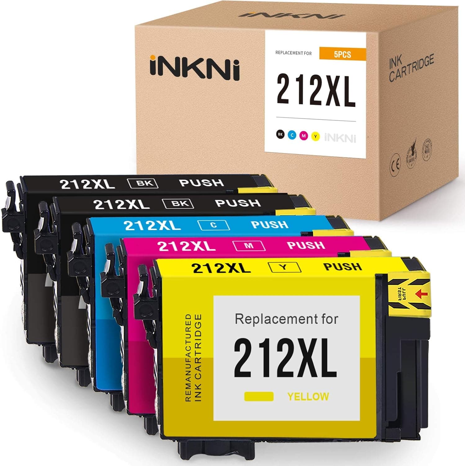 INKNI Remanufactured Ink Cartridge Replacement for Epson 212XL T212XL T212XL120 for Expression Home XP-4100 XP-4105 Workforce WF-2850 WF-2830 212 XL (Black Cyan Magenta Yellow, 5-Pack)