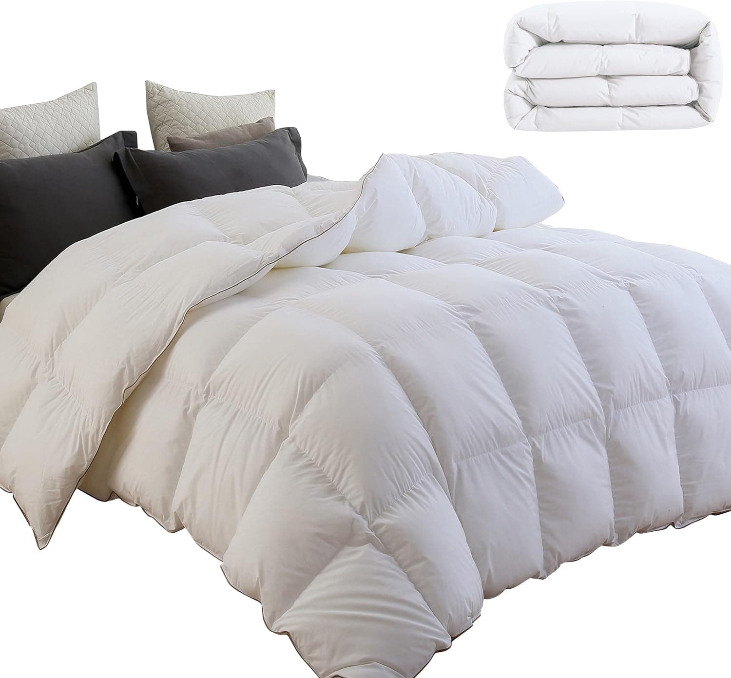 SNOWMAN All-Season 75% Down Comforter King Size, Fluffy Duvet Insert with 8 Corner Tabs, Durable Down Proof Cotton Blended Fabric and 3D Baffle Box Construction (White, 106"x90")