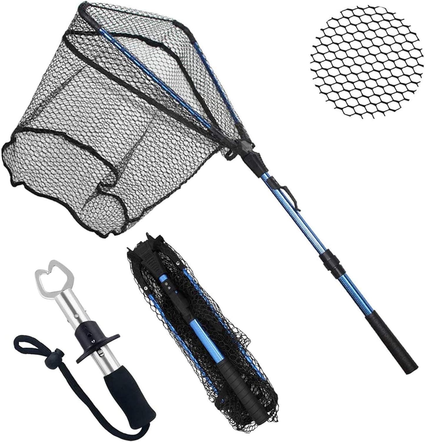 ZHENDUO OUTDOOR Fishing Net Fishing Landing Net Collapsible Telescopic Fishing Nets for Safe Fish Catching or Releasing with Fish Gripper Fishing Gear Tool Set