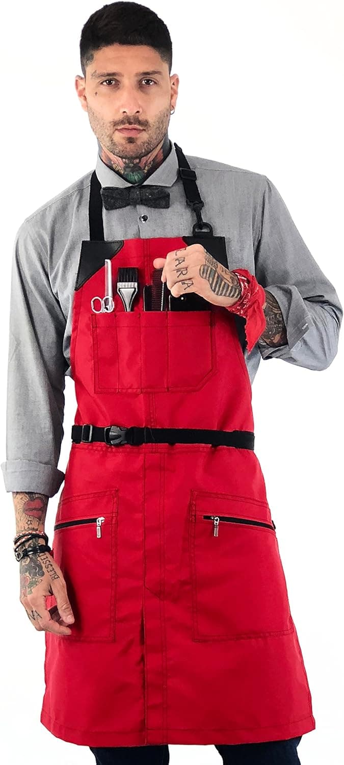 Under NY Sky No-Tie Barber Red Apron – Coated Heavy-Duty Nylon, Water and Chemical Resistant, Zipped Pockets and Split-Leg – Adjustable for Men, Women – Pro Hair Stylist, Colorist, Artist, Bartender