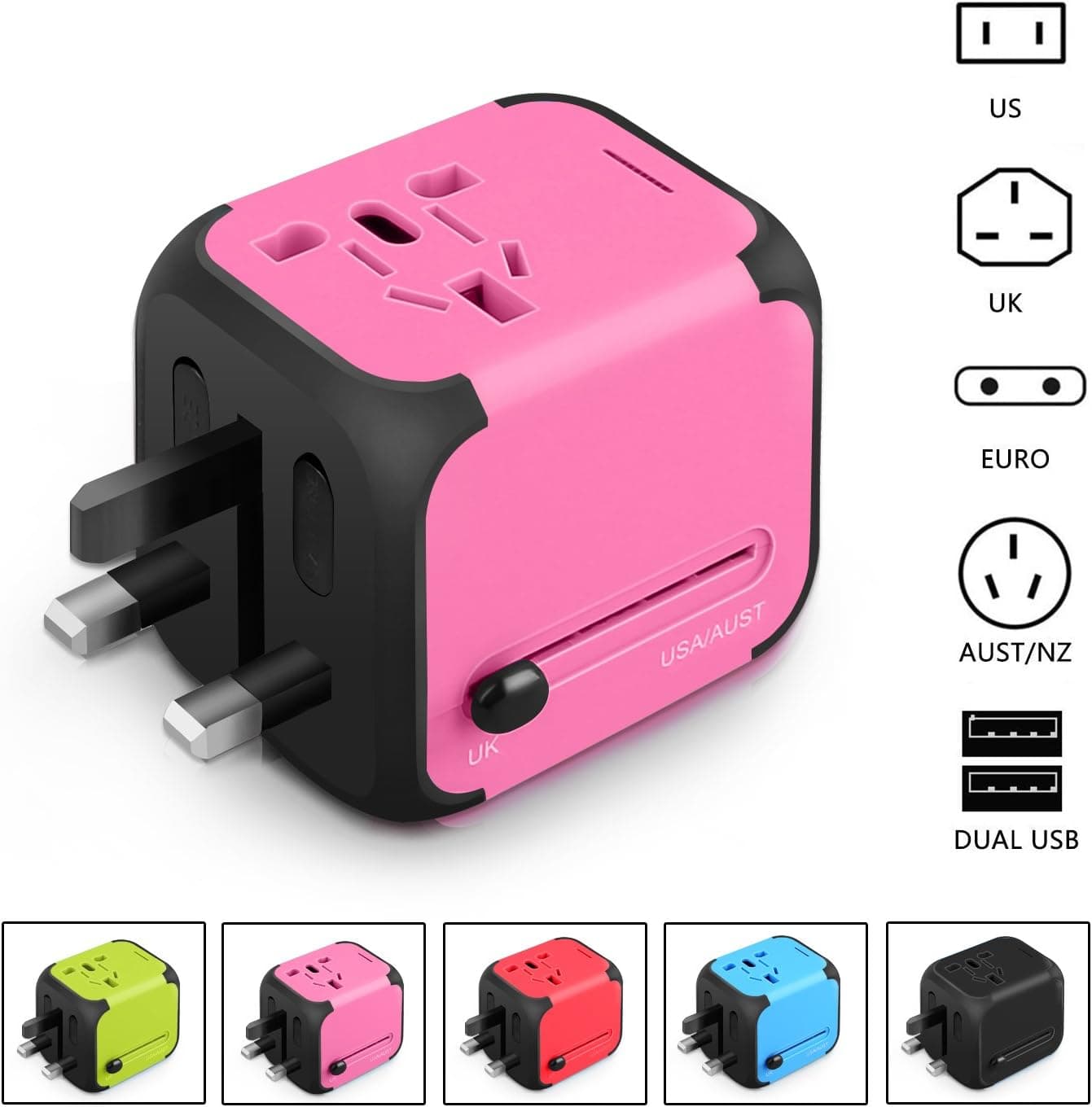 International Travel Adapter Charger - Worldwide AC Socket - 2.4A Dual USB Charging Ports for US, UK, EU, AU - Safety Fuse(PINK)