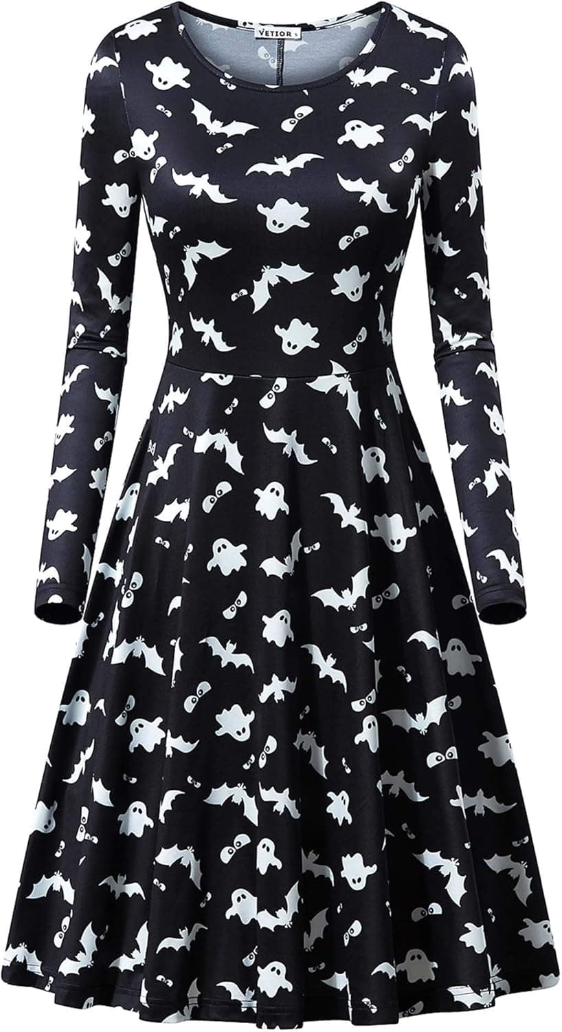 VETIOR Womens Halloween Costumes Long Sleeve Round Neck Casual Printed Flared Party Dress (XX-Large, Ghost)