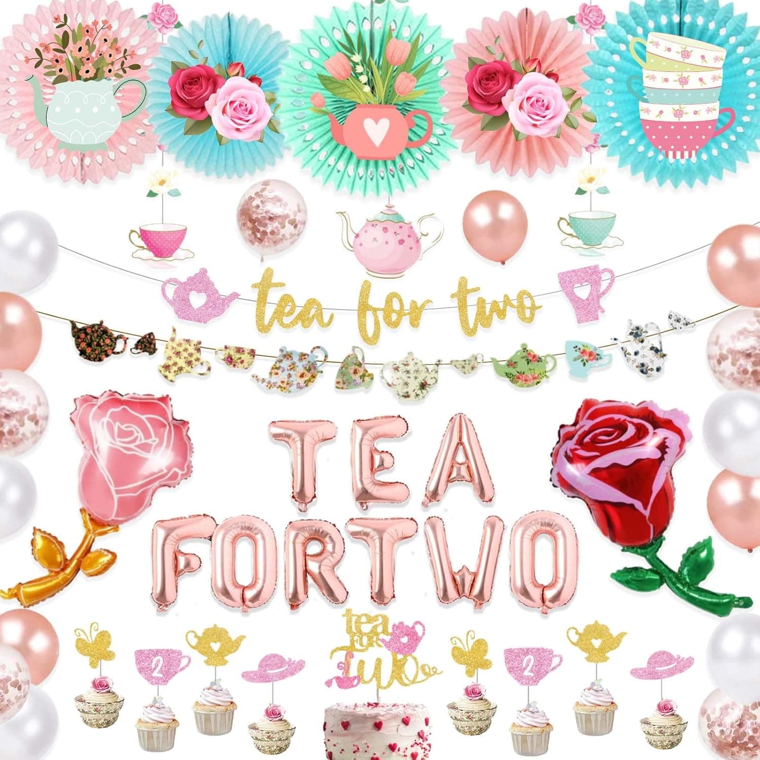 Tea for Two Birthday Party Decorations, Hombae Tea Party Decorations for Girls Second Birthday Fan Cutout Banner Hanging Swirl Confetti Balloon Cake Cupcake Topper Teapot Flower Rose Gold