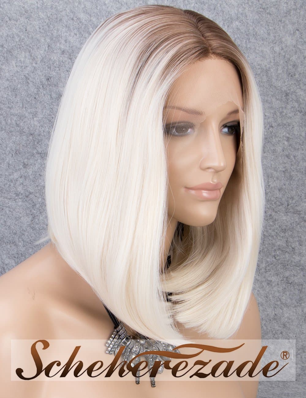 Scheherezade Blonde Lace Front Wig Ombre Brown Roots Platinum Blonde Wig Bob Glueless Mix Blonde Straight Synthetic Wig for Women