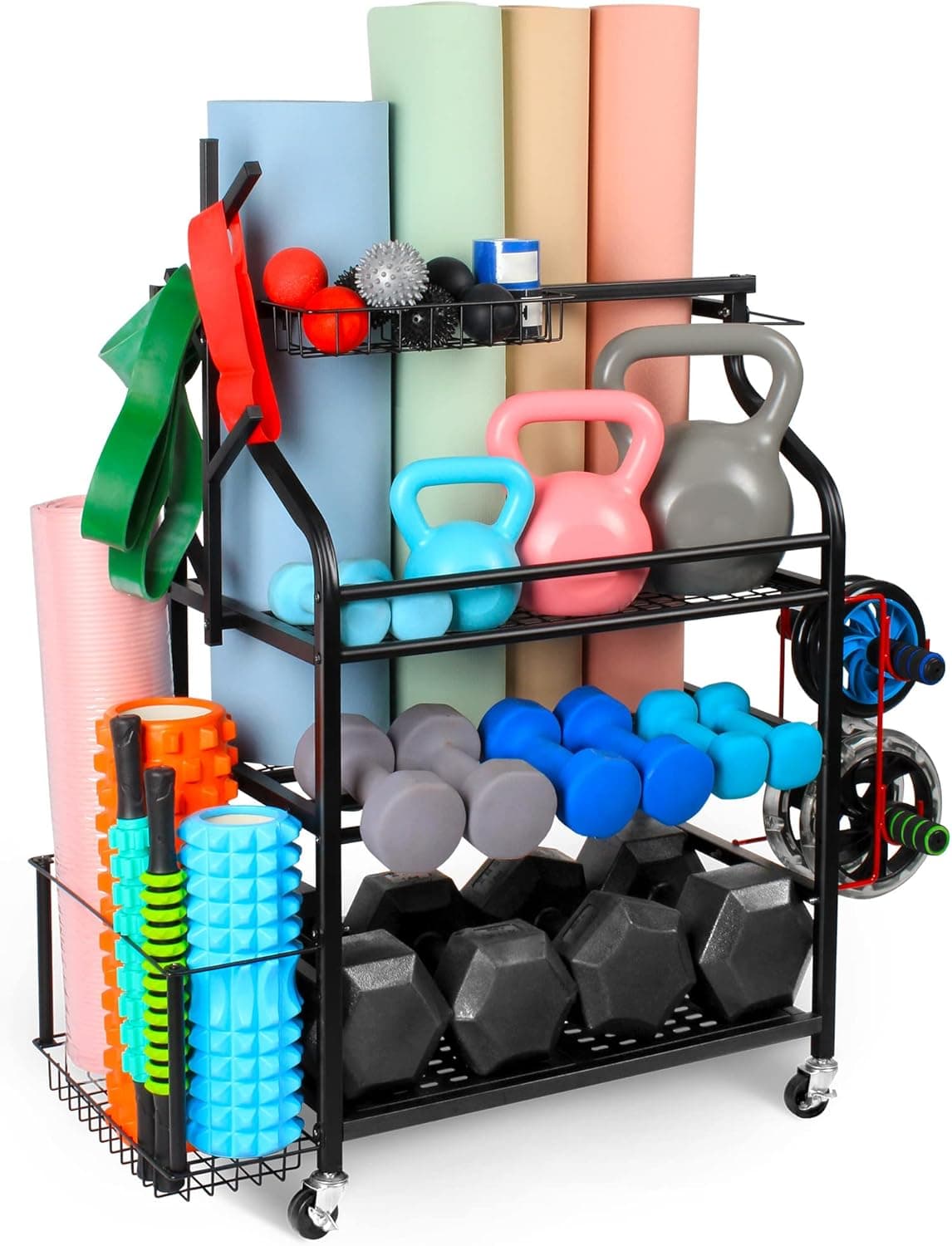 Sttoraboks Weight Rack for Dumbbells, Dumbell Rack, Weight Stand, Home Gym Storage Rack for Kettlebells, Yoga Mat, Weight Sets Storage Holder, Workout Equipment Storage Organizer With Hooks and Wheels