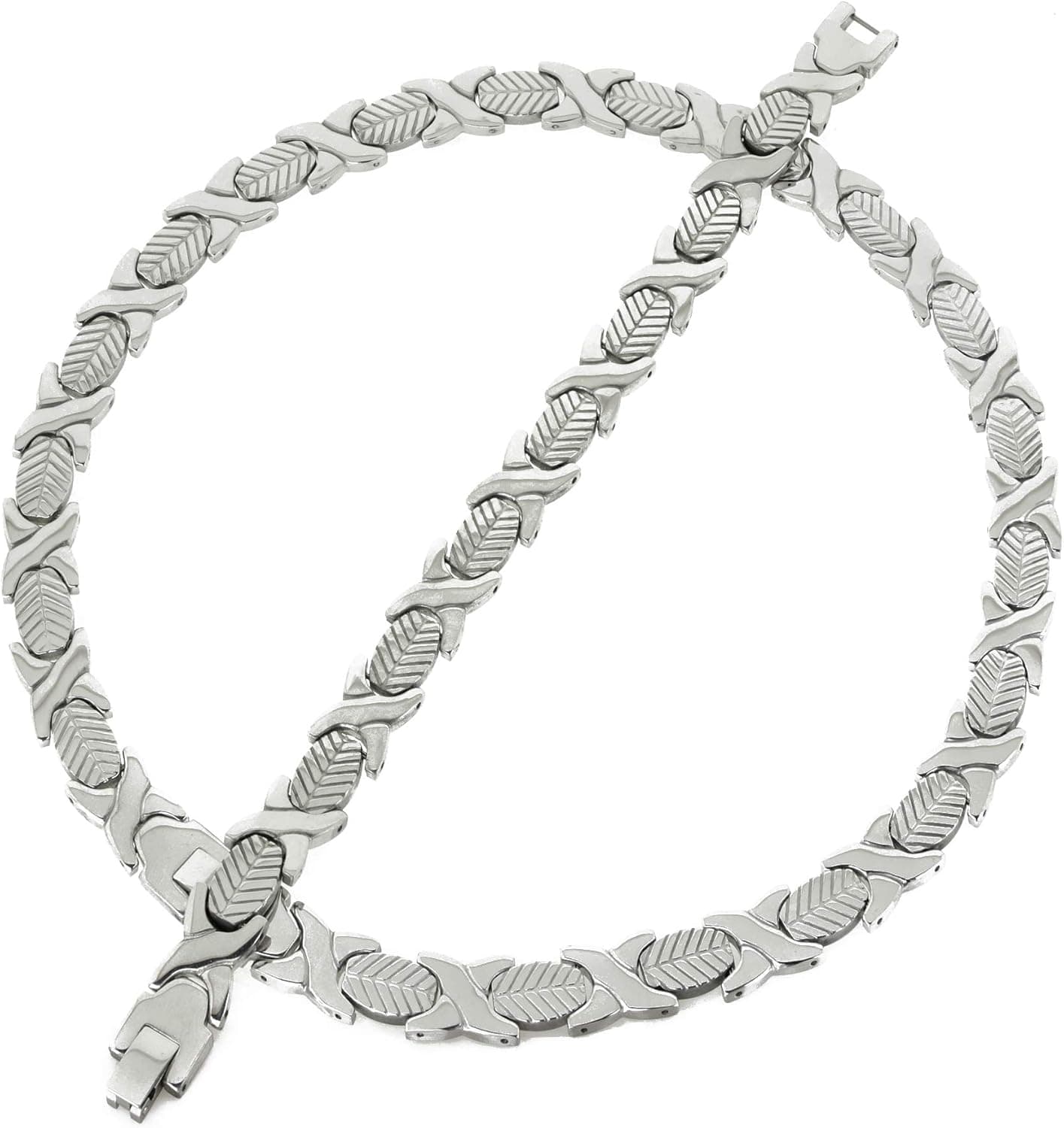 Bling Bling NY New Women's 11mm Wide XOXO Stampato Leaf Design Necklace and Bracelet Jewelry Set 18" Length ANTI-TARNISH (Silver, Gold, Tri-Color, Two Tone)