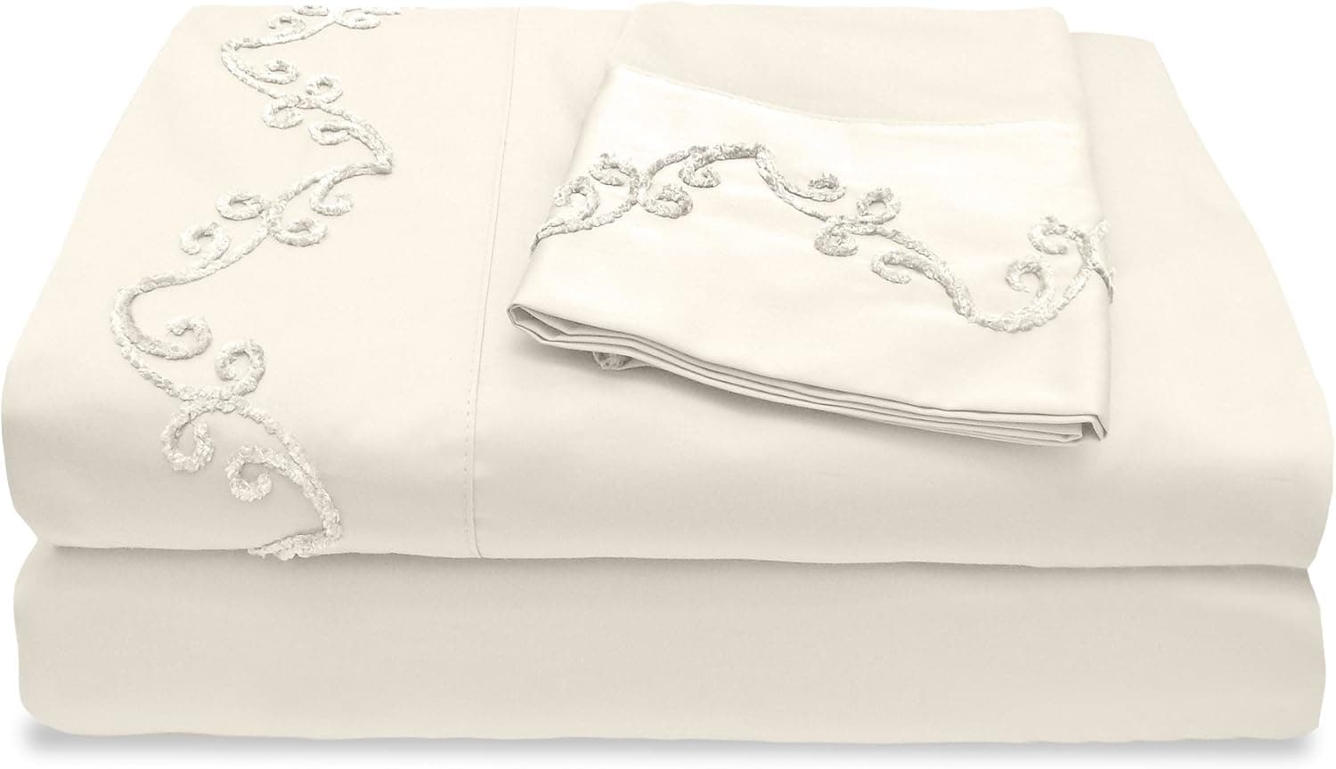 Veratex The Chenille Scroll Collection 100% Egyptian Cotton Sateen 1200 Thread Count Full Size Sheet Set with Elegant Stitch Hem Design, Ivory