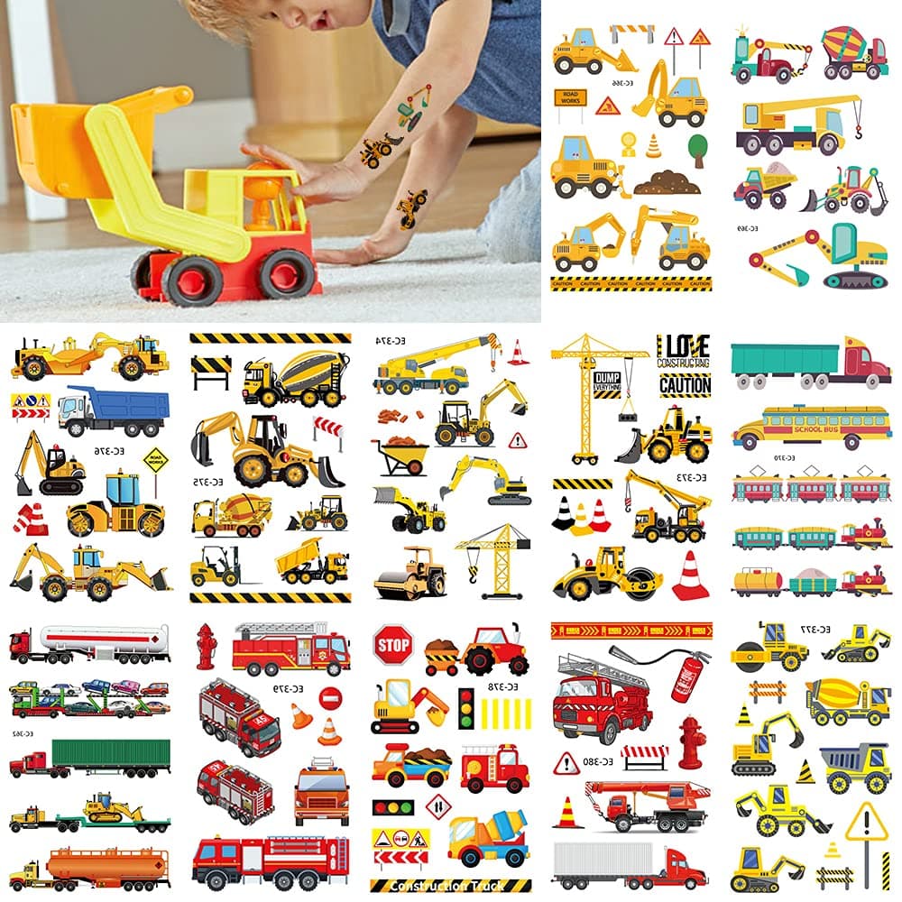 Temporary Tattoos Kids Cartoon Car Fire Engine Construction Truck Fake Tattoos for Children Boys Birthday Party Favors Goodie Bag Supplies Party Filler Stockings Stuffers