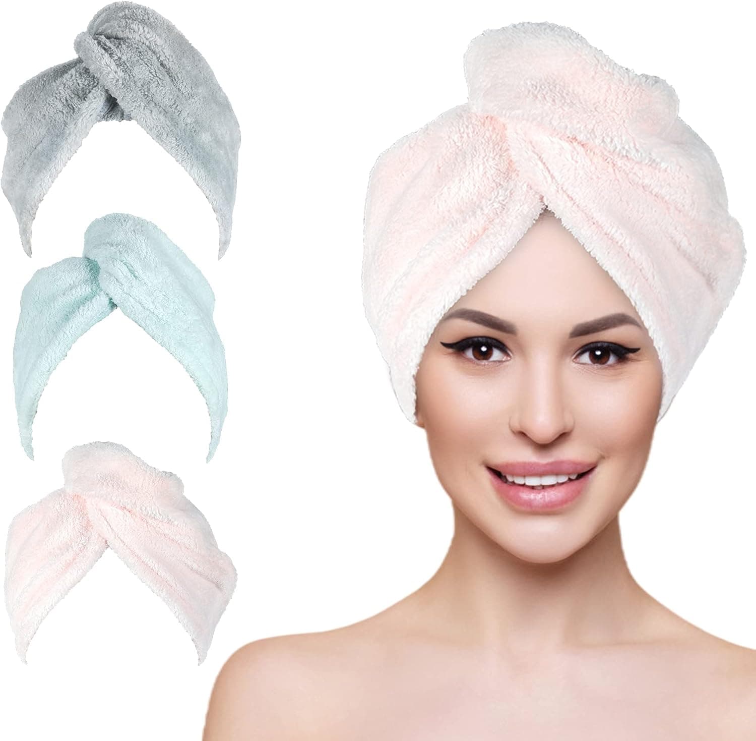Velocvil 3 Packs Hair Towel Wrap, Microfiber Hair Turbans for Women Long Hair Drying, Anti Frizz, Super Absorbent Fast Dry Towel for Curly Thick Wet Hair