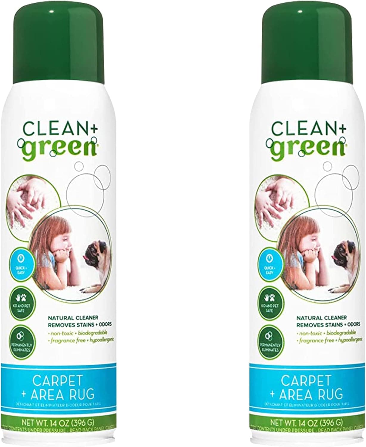 Clean+Green Natural Stain Remover and Odor Eliminator - Carpet Cleaner, Pet Supplies, Household Cleaning Products for Cat Litter & Housebreaking, Carpet Cleaner Solution (14 Oz, 2 Pack)
