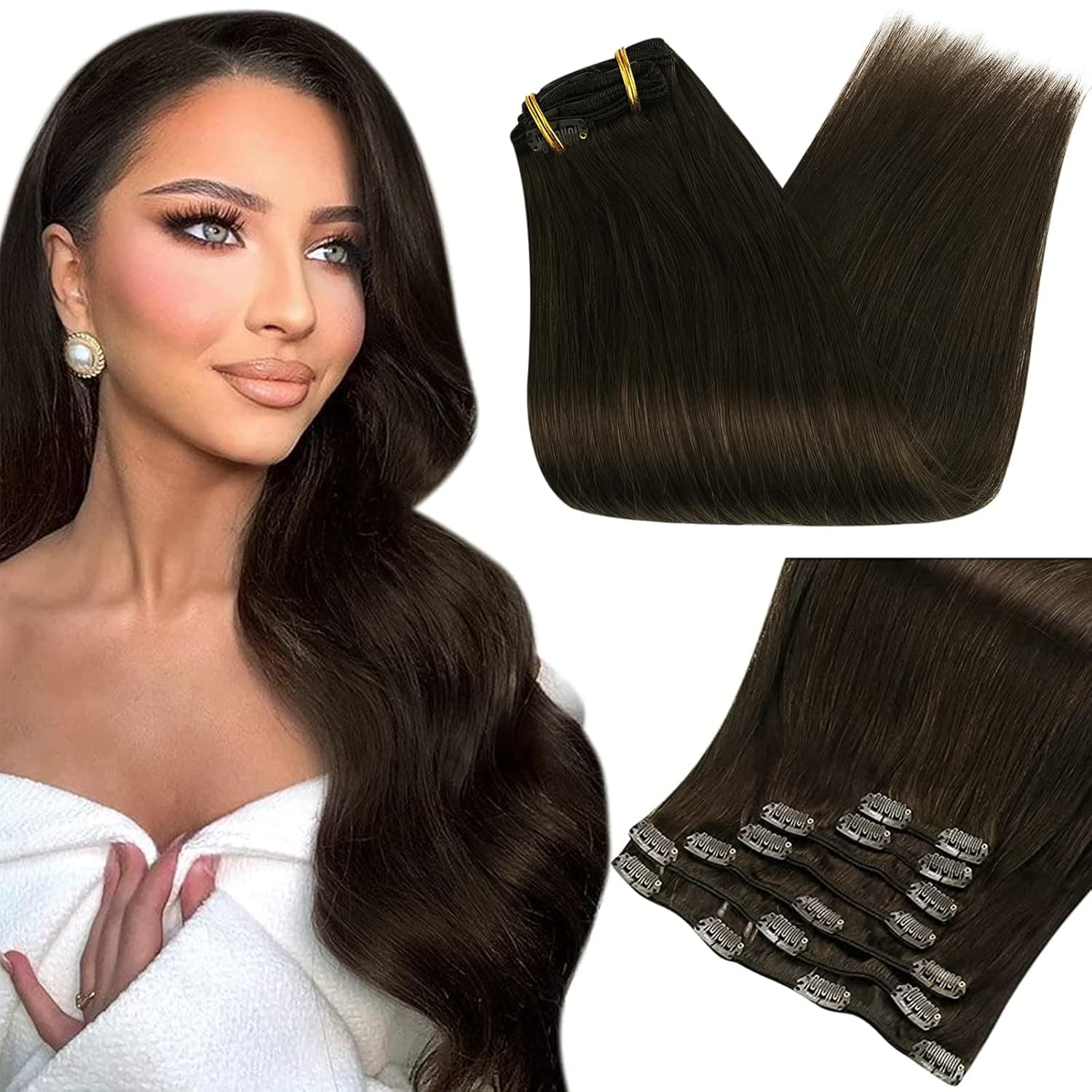 Full Shine Brown Clip in Hair Extensions Short Human Hair Clip in Extensions Double Weft #2 Darkest Brown Hair Extensions Clip in Full Head 7 Pieces 90 Gram 12 Inch