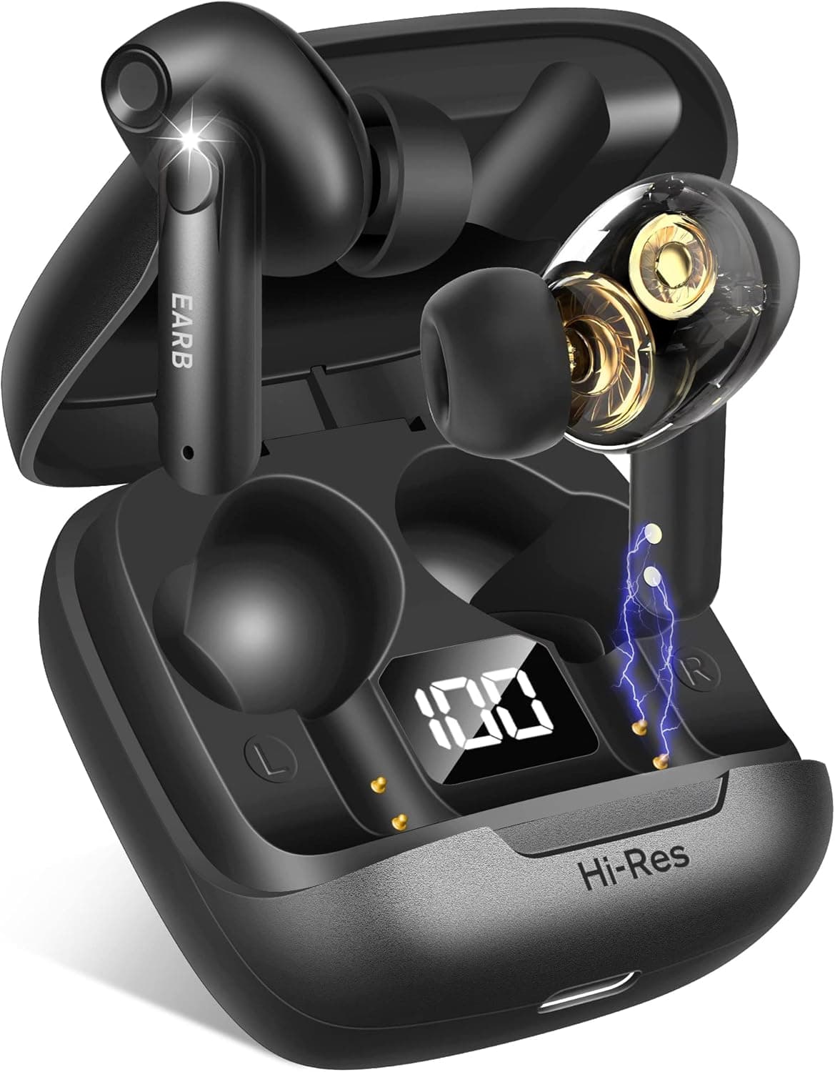 EARB Wireless Earbuds Bluetooth Headphones with 4 Speakers, Hi-Res Audio Earphones Long Playtime with Charging Case and LED Display Touch Control Waterproof in-Ear Headset USB-C for Sports Work Game