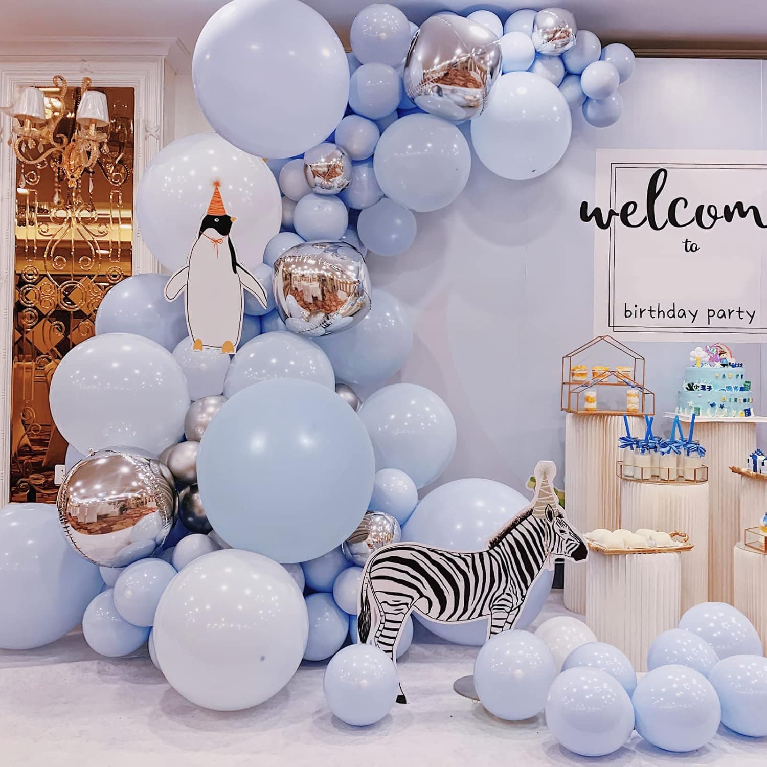 Nalwort Macaron Blue Balloon kit 137PCS 5-18" Agate Color Metallic Sliver White Balloon Arch Garland Kit For Festival Picnic Family Engagement Wedding Birthday Party Blue Theme Anniversary Celebration Decoration