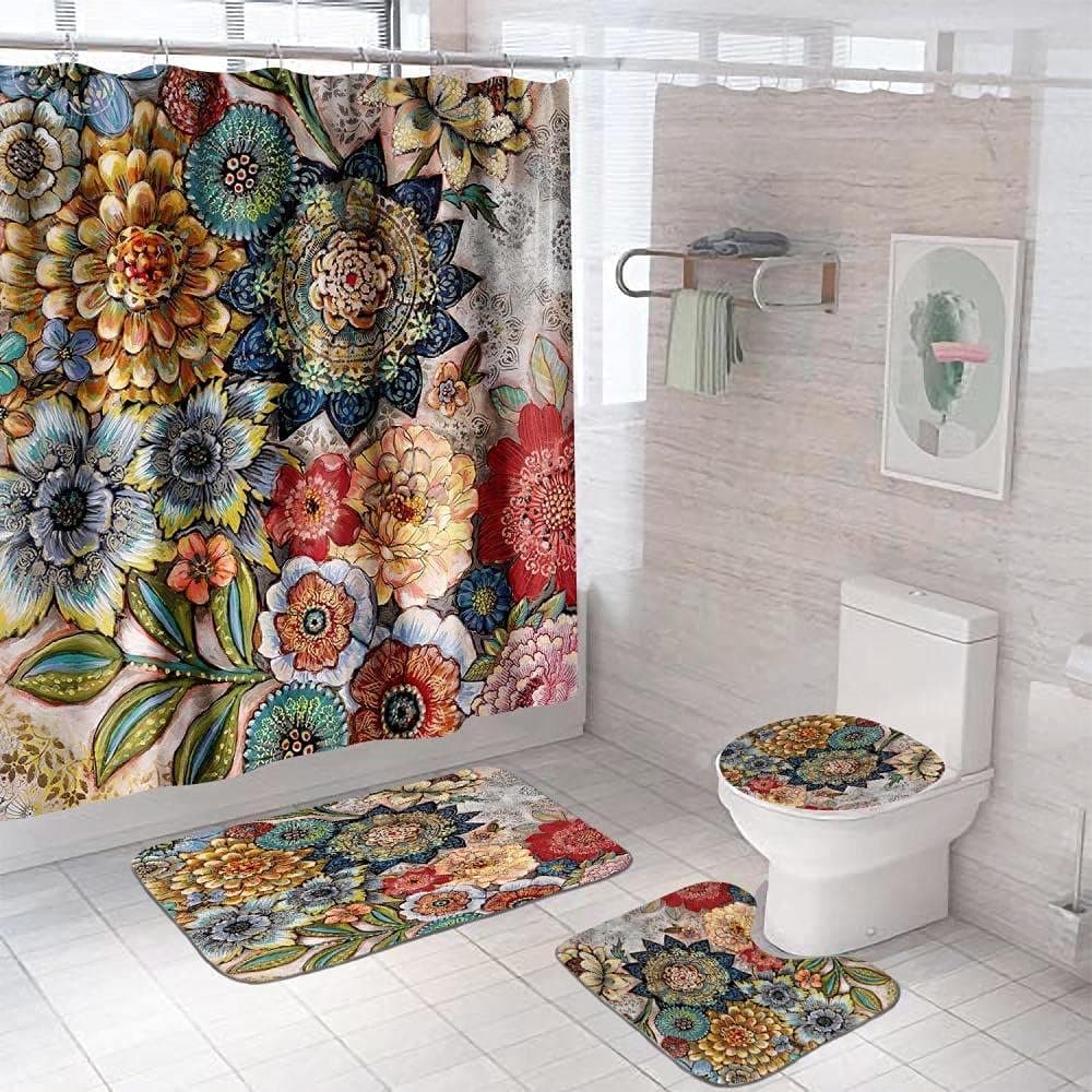 4 pcs Boho Floral Shower Curtain Set, with Non-Slip Rugs Toilet Lid Cover and Bath Mat Bathroom Decor Set Bright Flowers Bathroom Curtains Modern Bath Accessories Fabric Decor 72 × 72