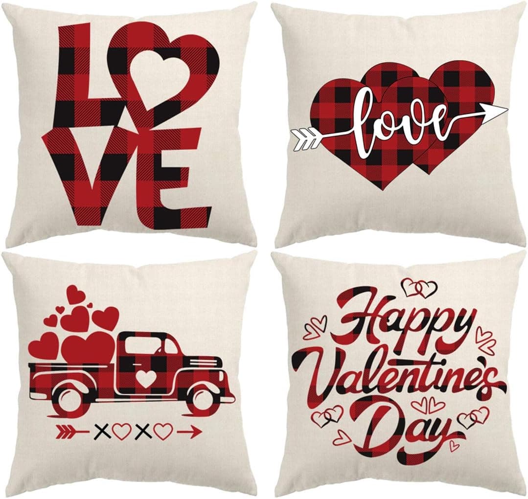 CAVLA Valentine's Day Pillow Covers 18 x 18 inch Set of 4 Valentines Day Pillow Case Red Black Plaid Linen Valentines Pillow Case Cover Heart Love Truck Valentines Home Decorations