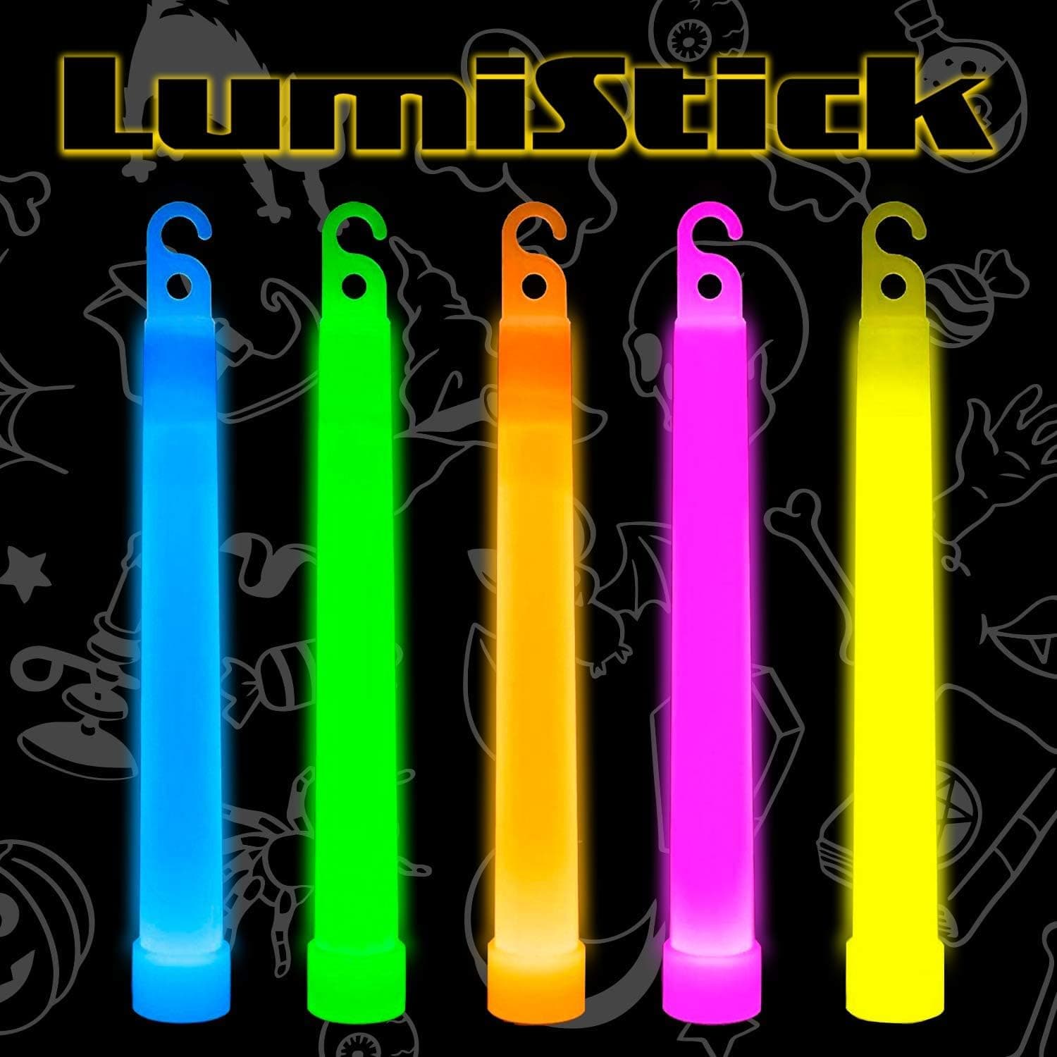Lumistick 6 Inch Premium Glow Sticks | 15mm Thick Flat Bottom Illuminating Glowing Sticks | Waterproof & Non-Toxic Light Up Neon Sticks with Hook for Camping & Hiking (25 Glow Sticks, Assorted)