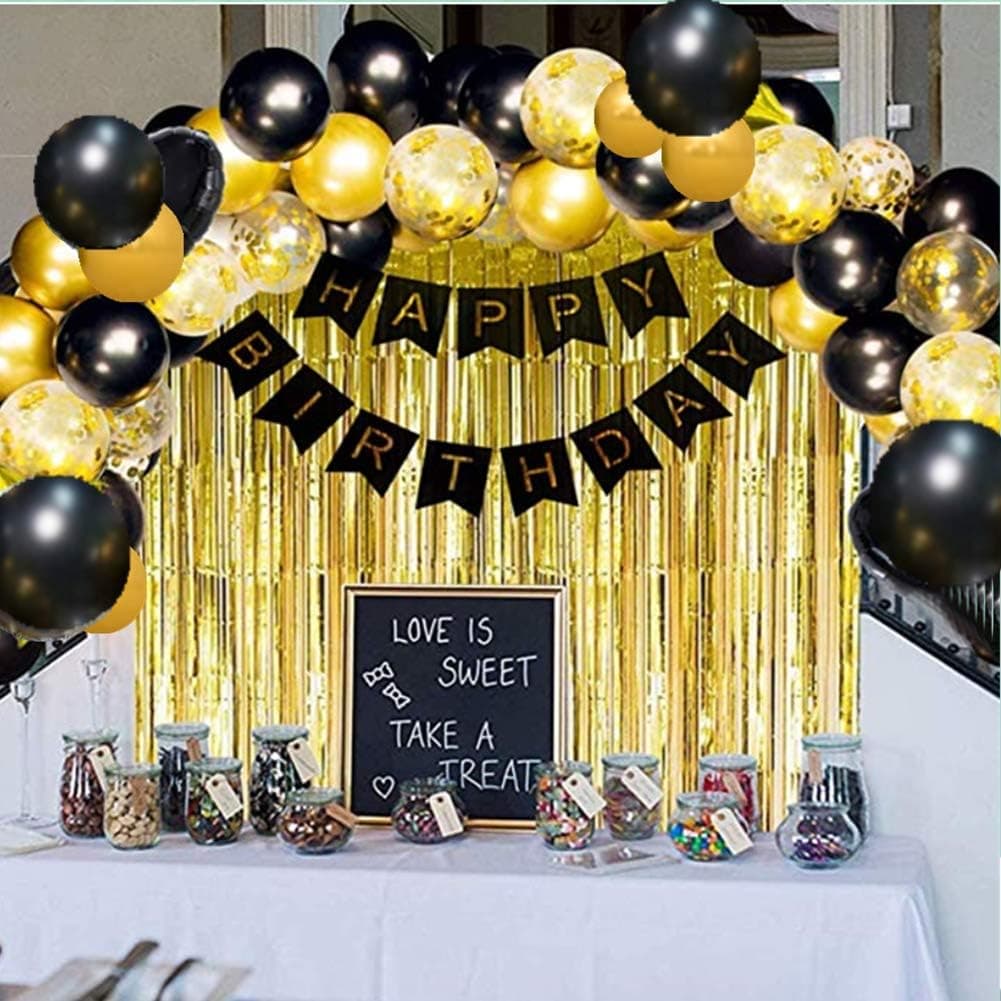 Black Gold Birthday Party Decoration Set, Black and Gold Party Decoration Including Happy Birthday Banner, Balloons, Metallic Fringe Curtain, Perfect Fit for Girls or Boys, Men or Women Birthday
