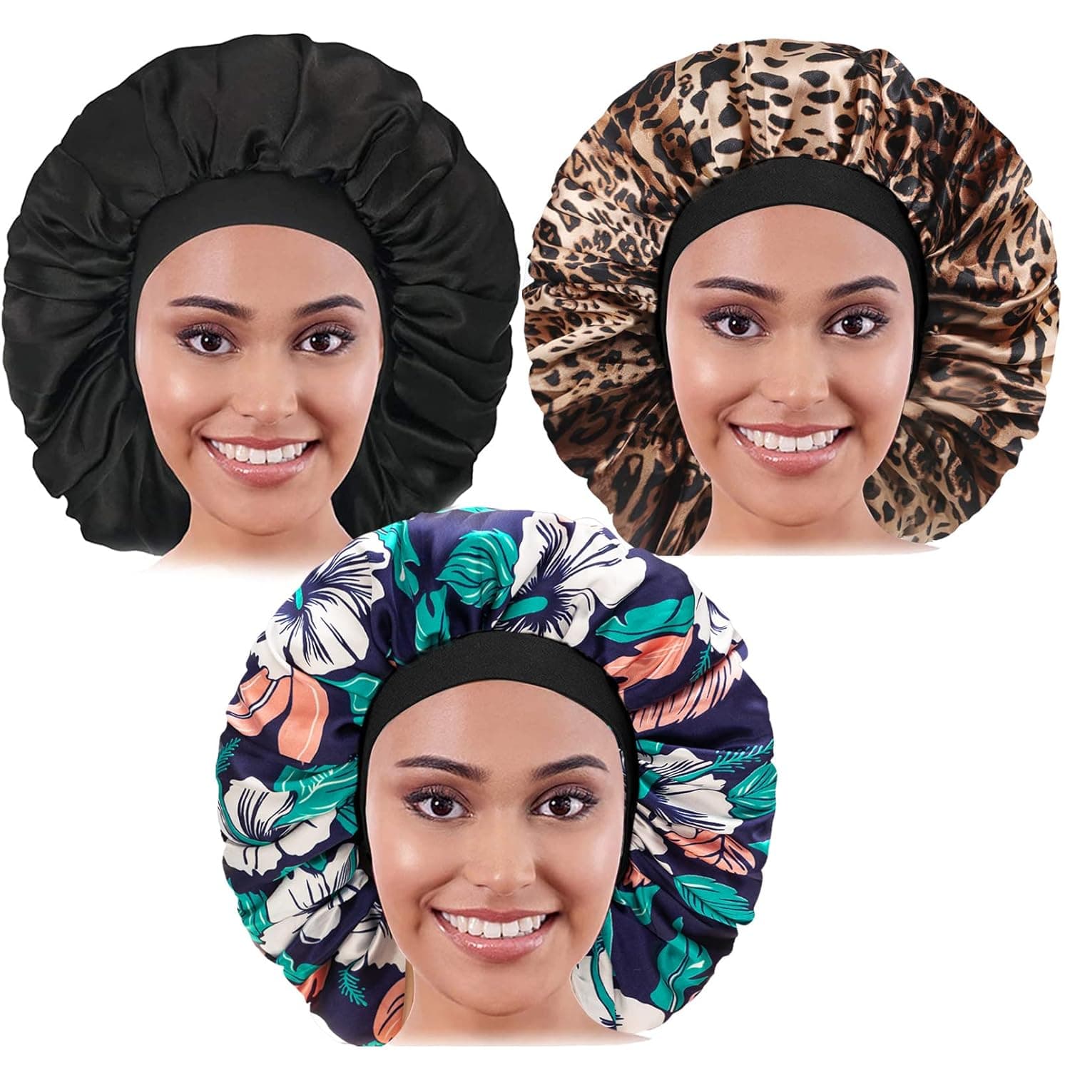 3PCS Large Satin Bonnet,Silk Bonnet With Elastic Soft Band, Big Bonnet For Women Hair Care,Jumbo Bonnet For all Long Hair