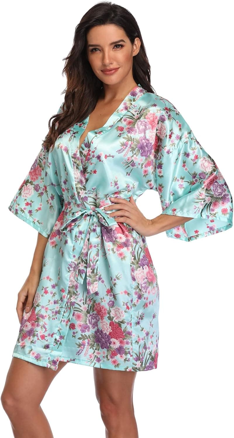 Super Shopping-zone Women's Floral Short Satin Bridesmaid Robes Silky Bride Robes Getting Ready