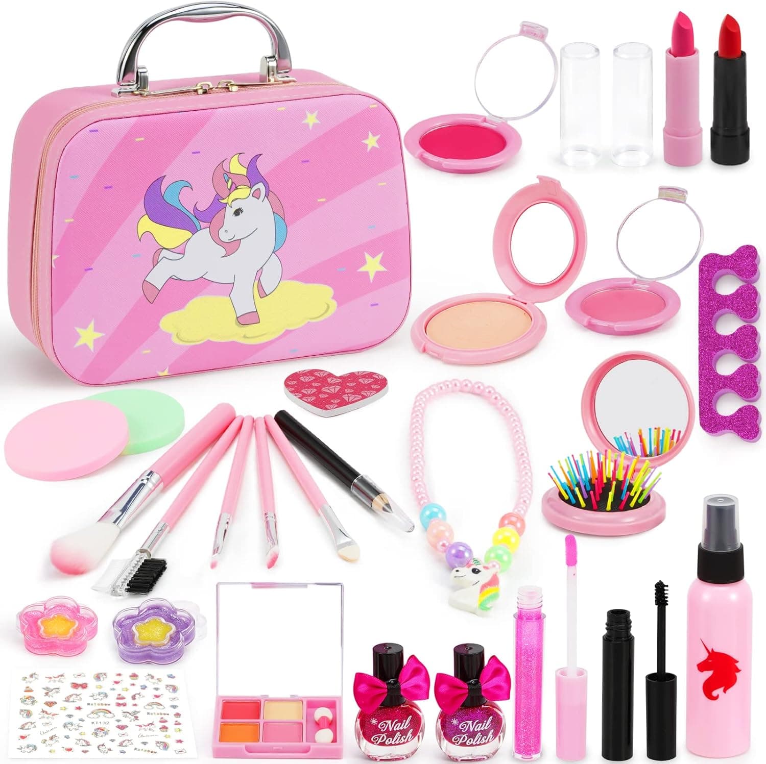 AstarX Kids Makeup Kit for Girl, 28 Pcs Washable Makeup Set Real Cosmetic Safe & Non-Toxic Pretend Play Set Girls Gift Toys