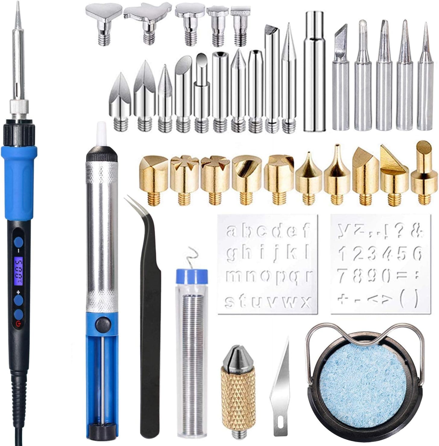 Wood Burning Pyrography Pen Kit 40pcs Electric Soldering Iron Kit Adjustable Temperature Soldering Station Iron Stand Desoldeirng Pump Welding Tools