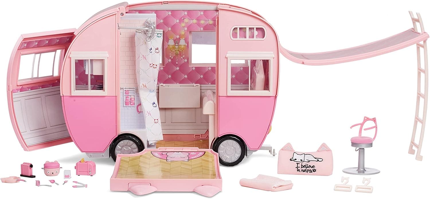 Na Na Na Surprise Kitty-Cat Camper Playset, Pink Toy Car Vehicle for Fashion Dolls with Cat Ears & Tail, Opens to 3 Feet Wide for 360 Play, 7 Areas, Accessories, Gift for Kids Ages 5 6 7 8+ Years
