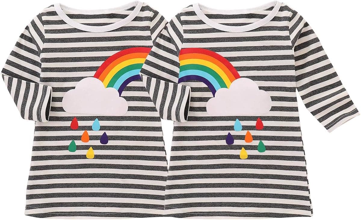 DEFAHN Toddler Baby Girls T-Shirt Rainbown Striped Printed Top Dress, 2Pcs Twins Sisters Matching Clothes Outfit
