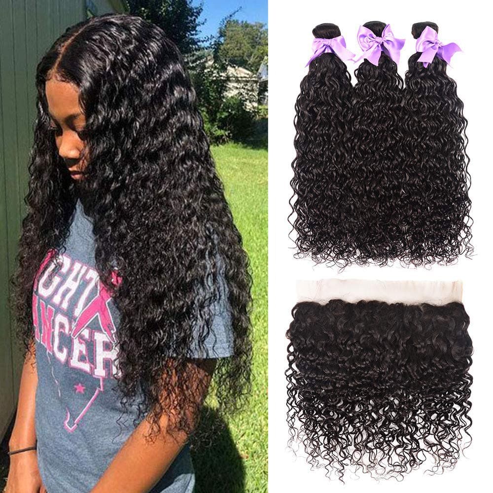 Brazilian Hair Bundles with Frontal Water Wave Bundles with Lace Frontal 13x4 Ear to Ear Lace Frontal 9A Virgin Human Hair Bundles Wet and Wavy Hair(20 22 24 + 18 frontal)