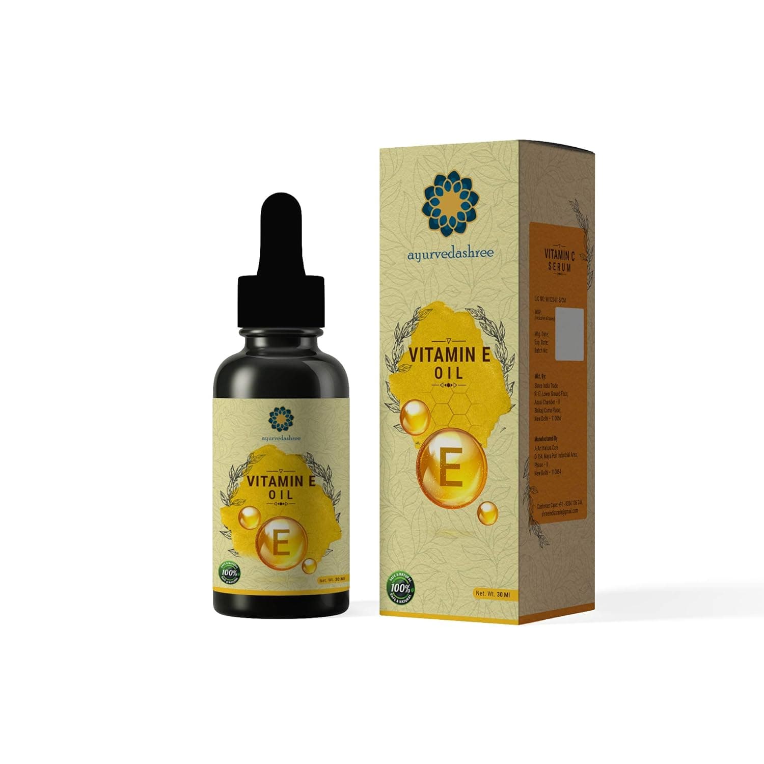 AYURVEDASHREE Vitamin E Oil for Skin and Body 30 ML with Almond Oil, Argan Oil & Grape Seed Oil - Best way to Treat Dry Skin, Scars and Smooth Hairs