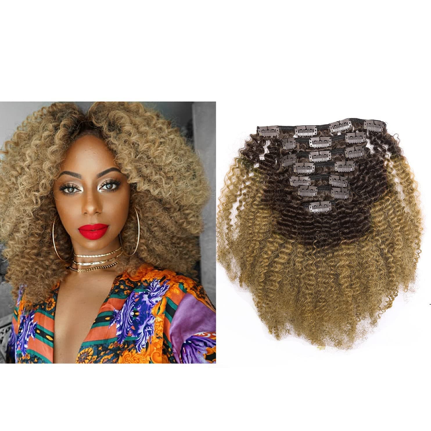 Lacer Hair 4A 4B Afro Kinky Curly Remy Human Hair Extensions Clip in Hair Extension Double Weft Human Hair Two Tone Clip in Curly Hair Off Black Fading to Blonde Strawberry #1B/27 10 Inch