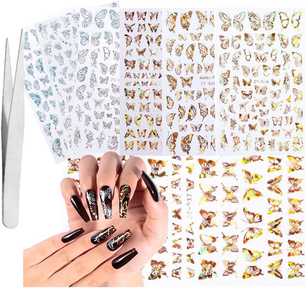DYJKOUG 8 Pcs Holographics Adhesive 3D Nail Stickers Gold Silver Butterfly Nail Art Decals Decoration with Free Tweezer