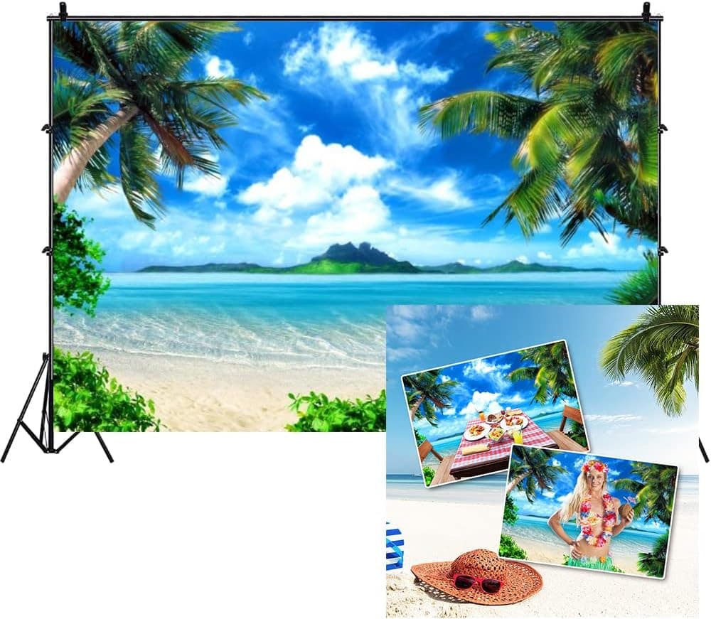 AOFOTO 10x8ft Tropical Beach Photography Background Seaside Palm Tree Backdrop Hawaiian Luau Clear Sea Blue Sky Holiday Trip Vacation Kid Adult Portrait Photo Studio Props Vinyl Wallpaper