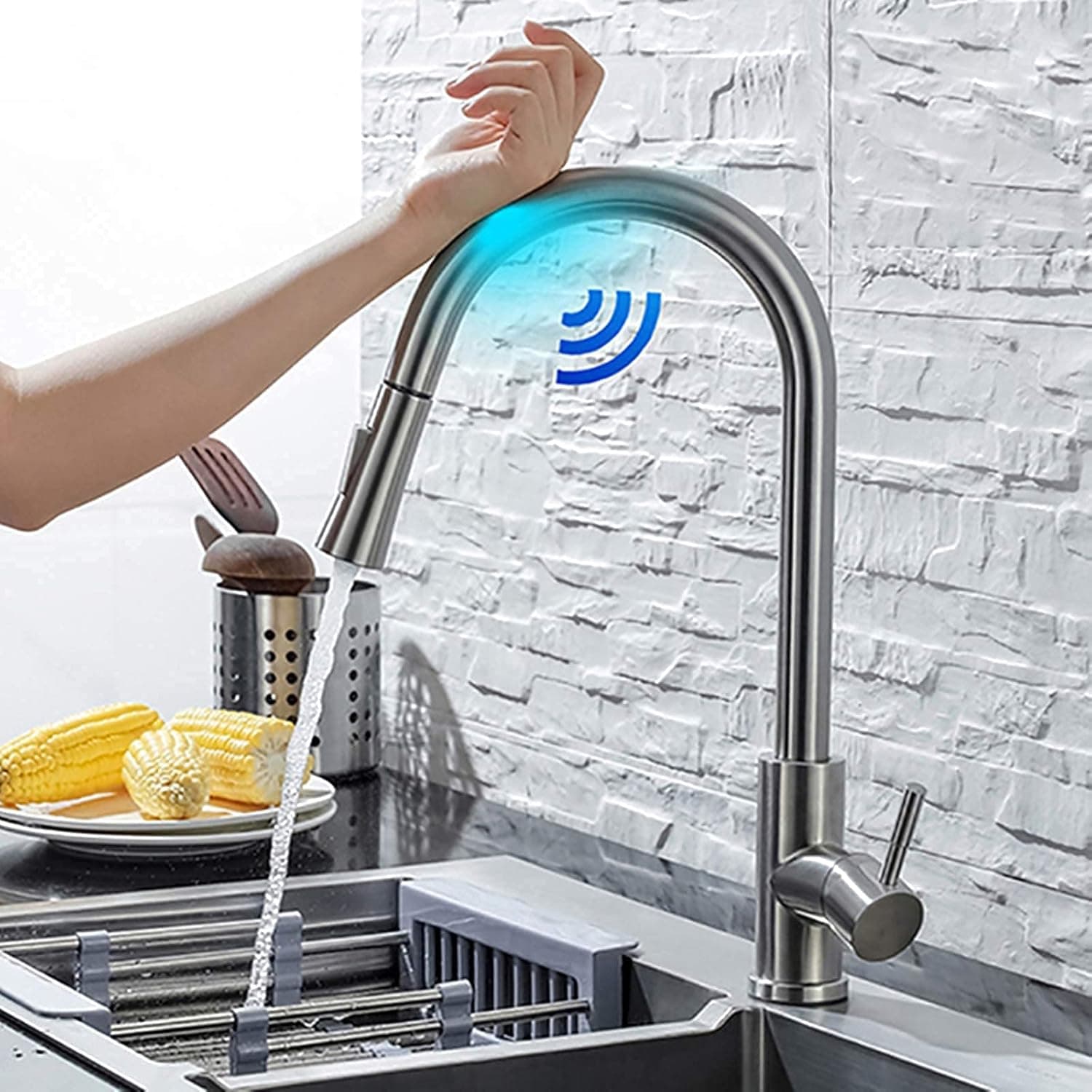 HANPI Touch On Kitchen Sink Faucets with Pull Down Sprayer, Stainless Steel High Arc 360 Swivel Kitchen Faucet with Two Water Flow Modes, Home Smart Single Handle Touch Sensor Faucet (Brushed Nickel)