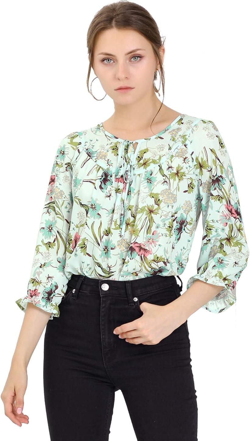 Allegra K Women's Floral Tops Bow Tie Neck Vintage 3/4 Sleeve Blouse