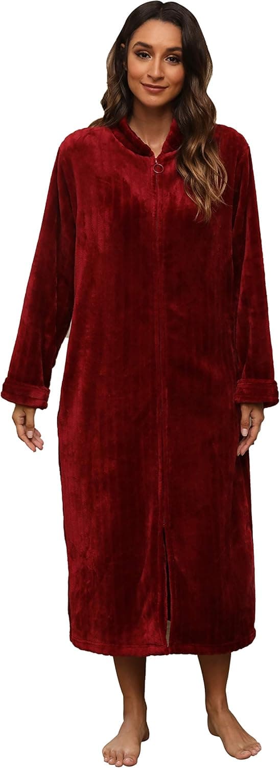 HEARTNICE Fleece Robe for Women, Plush Zipper Bathrobe Soft Full Length Housecoat with Pockets(Burgundy-Zipper, 2XL/3XL)