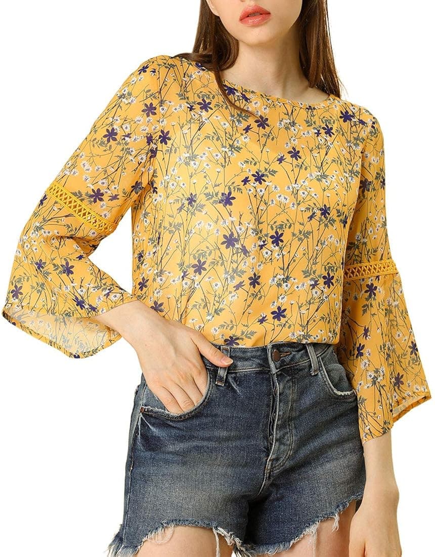 Allegra K Women's Floral Print 3/4 Bell Sleeve Chiffon Blouse with Cami X-Large Yellow-Purple