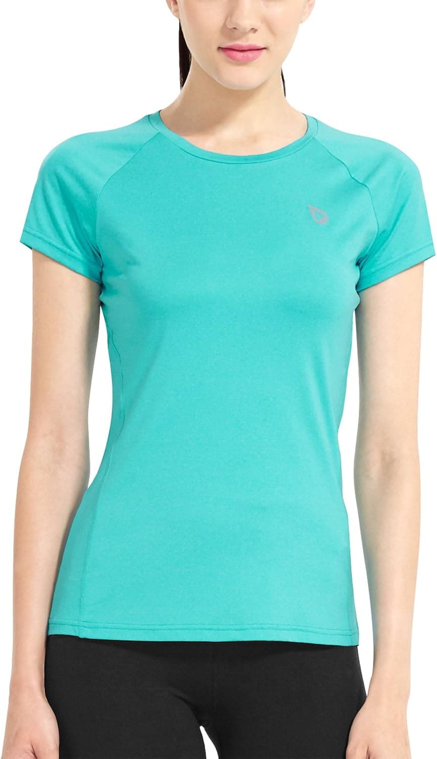 BALEAF Women's Short Sleeve Cool Feeling Running Shirt Mesh Back Heather Aqua Size L
