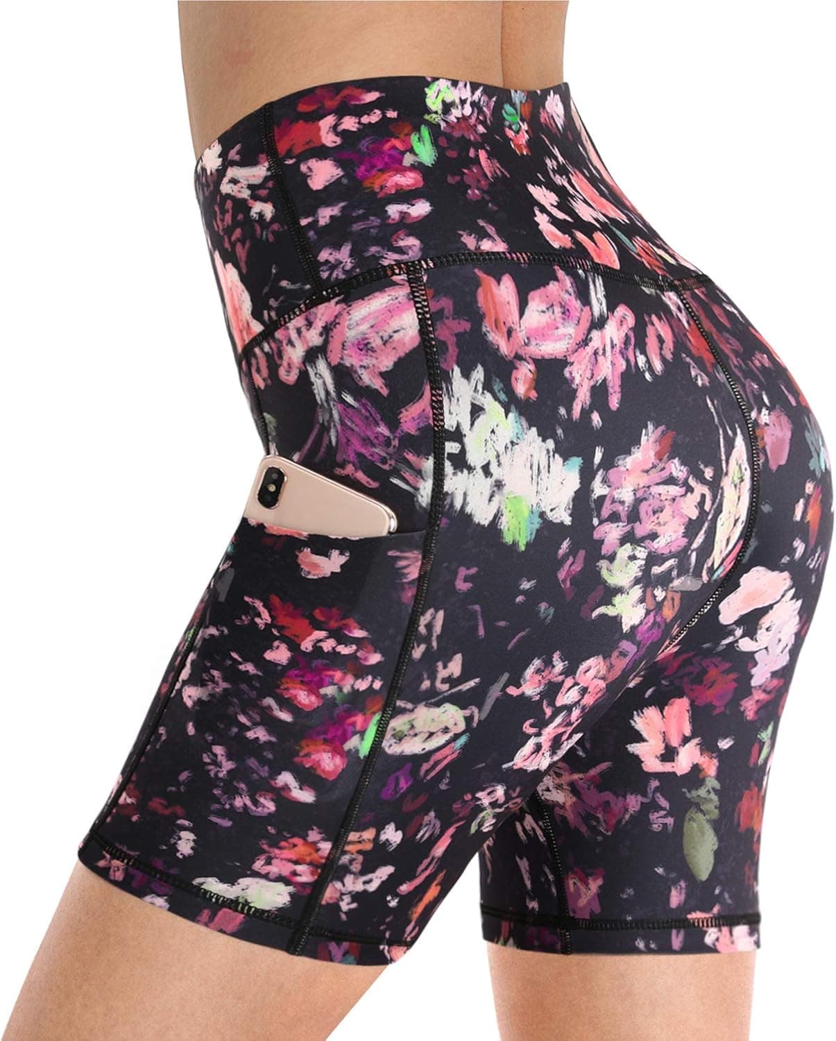 Promover Yoga Shorts for Women with Pockets High Waist Workout Running Home Party Shorts for Gym Volleyball 5” (Side Pockets-Mixed Floral, Large)