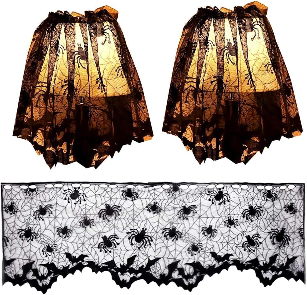 Poualss 3Pcs Halloween Lamp Shade Cover Black Lace Spider Web Lampshade Cover Topper Scarf for Halloween Lamp Decorations, 20 X 60 Inch