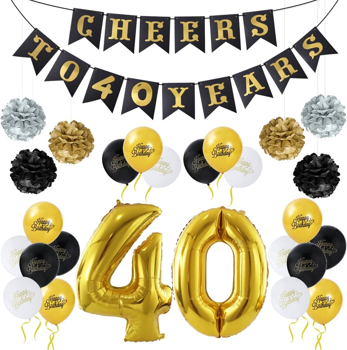 Unomor 40th Birthday Decorations Party Supplies-40th Birthday Balloons, “Cheers to 40 Years” Banner, 40th Gold Number Balloons with Paper Flowers Balls (40th Birthday Decorations)