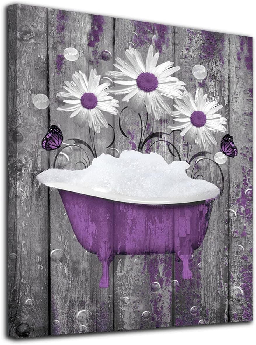 BARZM Rustic Farmhouse Purple Daisy Wall Art Purple Bathroom Wall Art Daisy Canvas Pictures Modern Flower Bathtube Rustic Purple Daisy Wall Art Decor for Bedroom 12x16 inch Frameless