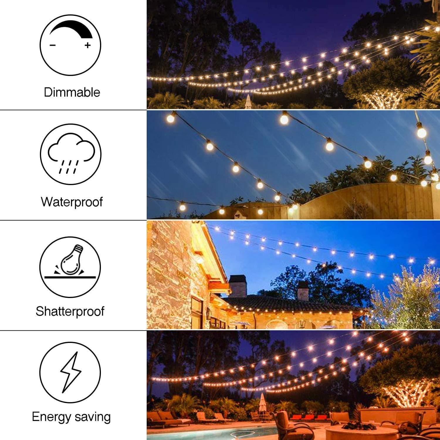 Yvette LED Outdoor String Lights 25ft, Waterproof Backyard String Lights, Linkable ETL Approved 8 Base Sockets 2200K WarmWhite 9 S14 Bulbs(1 Spare) for BBQ Porch Wedding Garden Party (White)