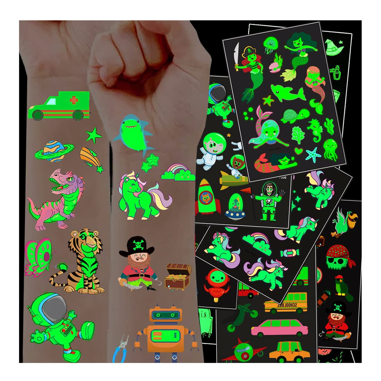 Temporary Tattoos for Kids - Waterproof Mixed Style Cartoon Fake Tattoo, Glow in The Dark Tattoo Party Favors Supplies Unicorn Space Dinosaur Butterfly Pirate Animal Tattoo