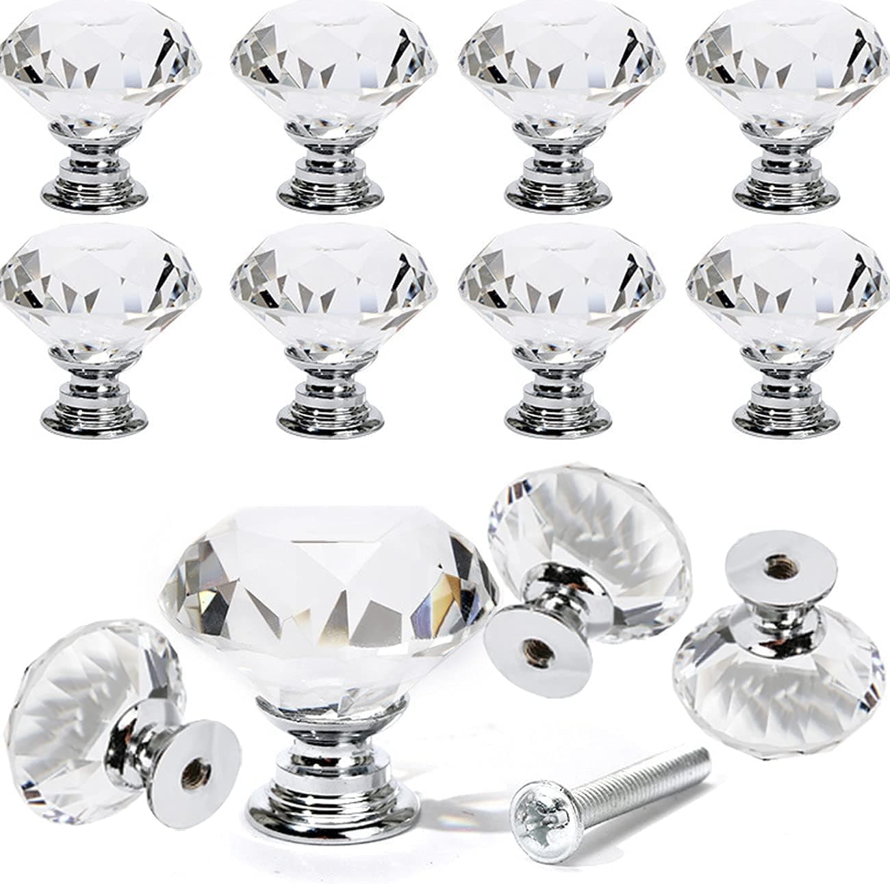 HongFeng world 12 PCS Glass Knobs Crystal Drawer Knobs Pulls Cabinet Handle 30mm,for Dresser Drawers,Kitchen Cabinets,Bathroom Cabinet and Door Knobs,Silver,Medium