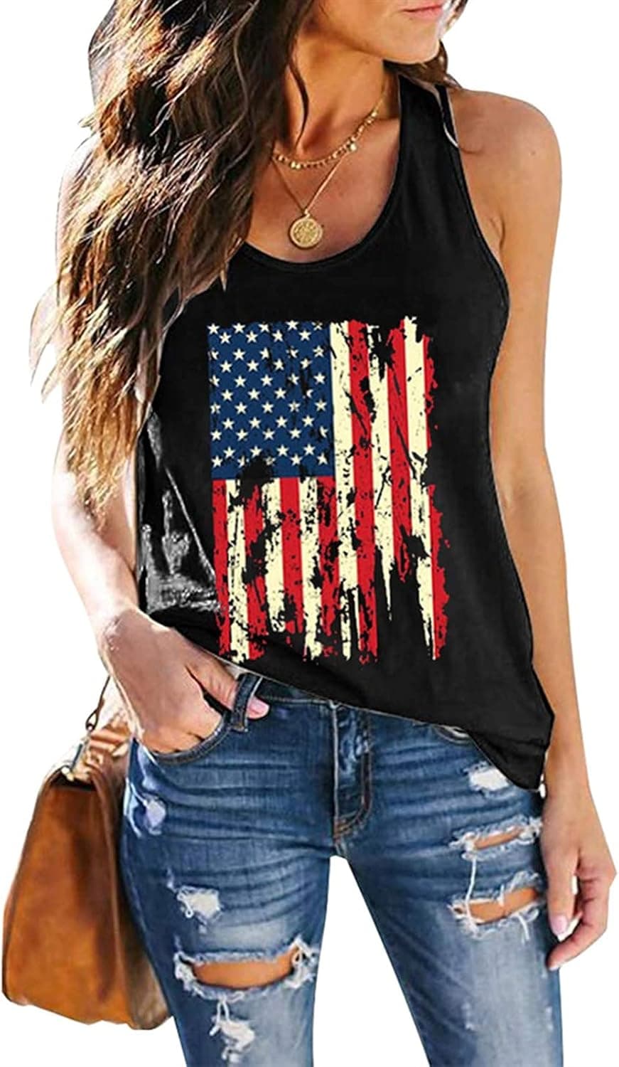 USA Flag Tank Women 4th of July USA Sleeveless Shirt Vintage Graphic Patriotic Shirt Vest Summer Casual Racerback Top