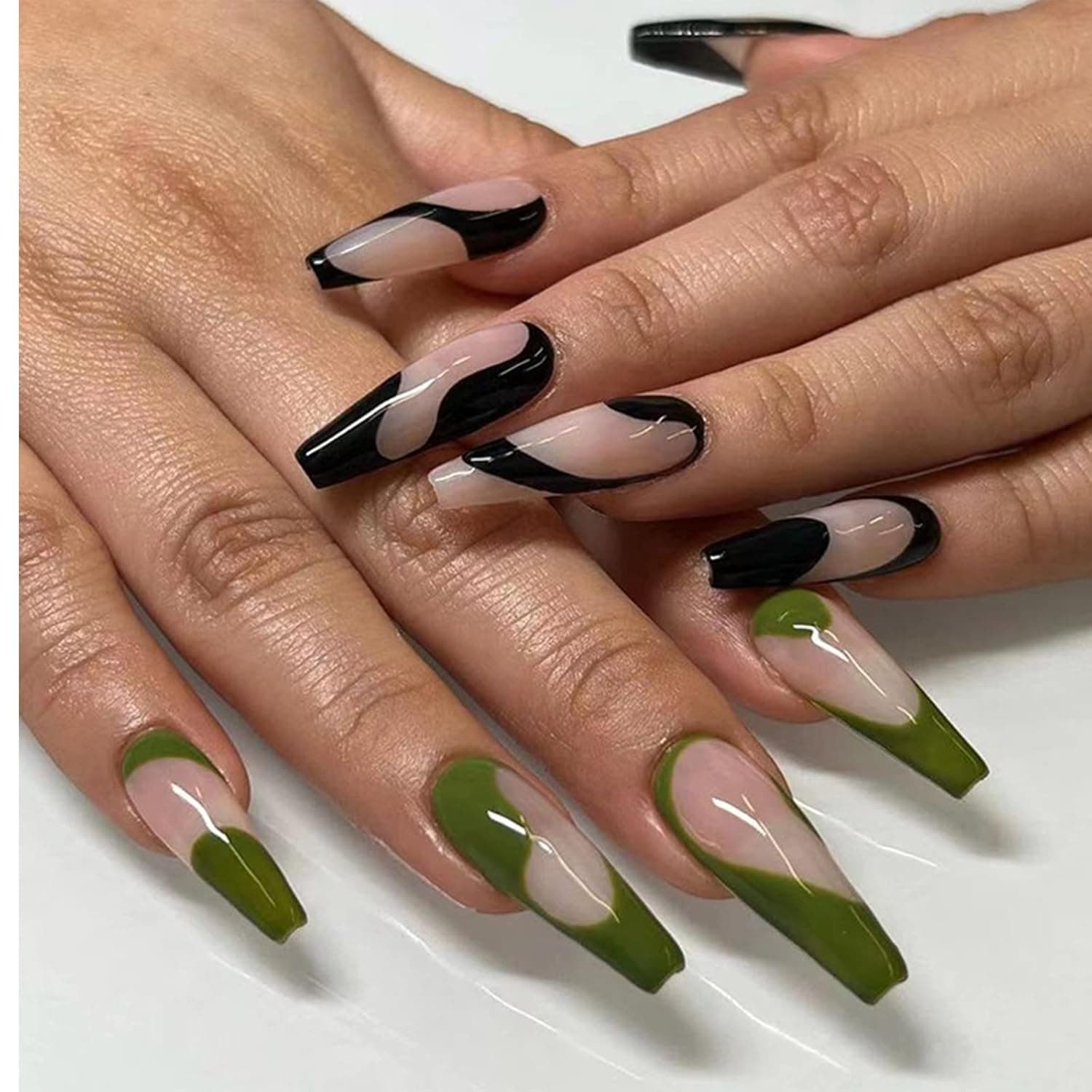 SINHOT Long Coffin Press on Nails French Ballerina Nails Glossy Fake Nails Green&Black Acrylic Nails with Design for Women and Girls 24pcs