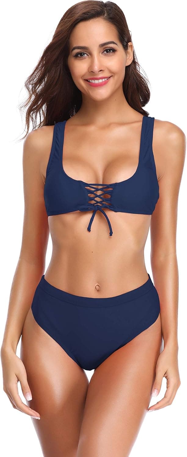 SHEKINI Women's Two Piece Criss Cross Bandeau Halter Swimsuit Bikini Suits(X-Large/(US 16-18), Charming Blue - B)