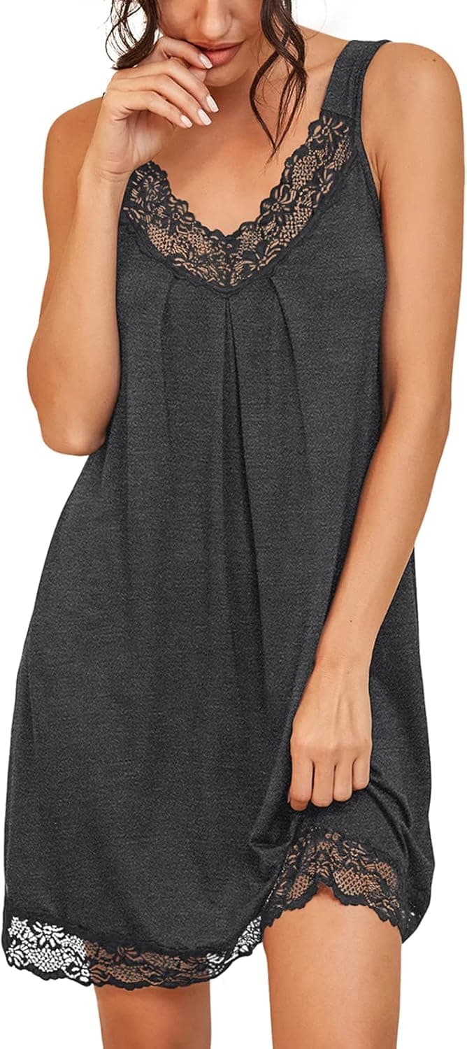 PrinStory Women's Loose Full Slips Lace Nightgown Chemise Sleepwear Cotton Jersey Lingerie