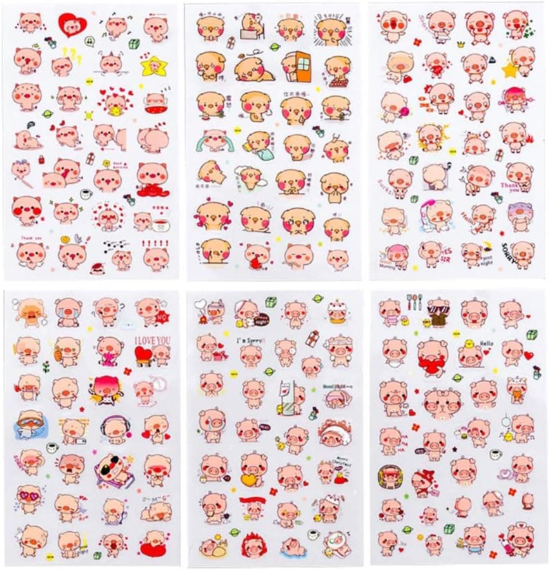 Qinlee 6PCS Stickers Creative Photo Album Mobile Phone Decorative Stickers Diary Sticker Home Bedroom Decoration Wall Sticker DIY Decoration Memo Scrapbook Notebook Maker Gift (Pig)